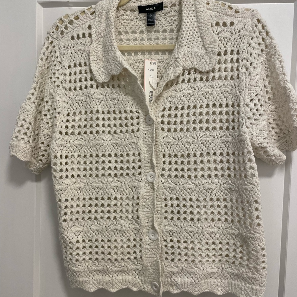 Aqua Women's White Crochet Button Down Shirt